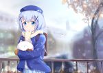  1girl angora_rabbit animal artist_name backpack bag bangs beret blue_eyes blue_hat blue_jacket blue_skirt blurry blush brown_gloves casual chinchongcha closed_mouth commentary_request cowboy_shot depth_of_field expressionless eyebrows_visible_through_hair gloves gochuumon_wa_usagi_desu_ka? hair_between_eyes hair_ornament hairclip hat highres holding holding_animal house jacket kafuu_chino leaf light_blue_hair long_hair long_sleeves looking_at_viewer mittens outdoors pleated_skirt rabbit scarf sidelocks signature skirt snow standing tippy_(gochiusa) tree white_scarf x_hair_ornament 