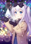  1girl blue_eyes blurry blurry_background bow christmas coat hair_bow long_hair mittens one_side_up original outdoors silver_hair solo upper_body yatsuki_yura 