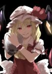  1girl absurdres ascot backlighting bangs blonde_hair bow crystal eyebrows_visible_through_hair fangs flandre_scarlet hands_up hat hat_bow hat_ribbon highres holding holding_skull looking_at_viewer medium_hair mob_cap parted_lips puffy_short_sleeves puffy_sleeves red_bow red_eyes red_ribbon ribbon shirt short_sleeves sketch skull slit_pupils smile solo touhou upper_body watchi wings wrist_cuffs yellow_neckwear 