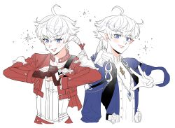  1boy 1girl ahoge alisaie_leveilleur alphinaud_leveilleur armor blue_eyes blue_jacket blue_ribbon braid brother_and_sister brown_gloves elezen elf final_fantasy final_fantasy_xiv fingerless_gloves gloves hair_between_eyes hair_ribbon highres jacket light_blush outside_border own_hands_together parted_lips pointy_ears red_jacket red_ribbon ribbon shirt short_hair_with_long_locks shoulder_armor siblings single_braid smile sparkle upper_body white_background white_gloves white_hair white_shirt zeldm 