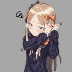  1girl abigail_williams_(fate/grand_order) absurdres adjusting_bow arms_up bangs black_bow black_dress blue_eyes blush boushiya_(hatter) bow closed_mouth commentary_request dress eyebrows_visible_through_hair fate/grand_order fate_(series) forehead grey_background hair_bow highres light_brown_hair long_hair long_sleeves looking_at_viewer no_hat no_headwear orange_bow parted_bangs print_bow simple_background solo squiggle star star_print upper_body very_long_hair 