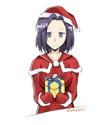  1girl absurdres artist_request blush capelet commentary gift hat highres mittens mole morioka_moriko netojuu_no_susume purple_hair santa_costume santa_hat smile solo violet_eyes 