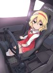  1girl bangs blonde_hair blush bow car_interior closed_mouth collared_shirt commentary_request dress dress_shirt eyebrows_visible_through_hair floral_print green_eyes hair_between_eyes hairband hand_on_lap highres idolmaster idolmaster_cinderella_girls igo_miku long_sleeves looking_at_viewer nissan_gt-r pink_bow print_dress red_dress red_hairband rose_print sakurai_momoka seat seatbelt shirt short_hair sitting smile socks solo steering_wheel white_legwear white_shirt 