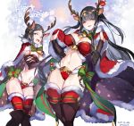  2girls animal_ears antlers ario artist_name bangs bell black_eyes black_hair blunt_bangs bow bra breasts cape cleavage dated embarrassed fire_emblem fire_emblem_if green_bow hands_up highres large_breasts looking_at_viewer mother_and_daughter multiple_girls navel noire_(fire_emblem) panties red_bra red_legwear red_panties santa_costume smile snowflake_print standing stomach sweatdrop tharja thigh-highs underwear 