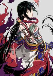  1boy armor black_hair fate/grand_order fate_(series) from_behind full_body_tattoo gauntlets green_eyes grey_background hair_between_eyes hair_tubes highres japanese_armor long_hair looking_at_viewer looking_back male_focus parted_lips shirtless simple_background smile solo standing tattoo very_long_hair yan_qing_(fate/grand_order) yosi135 