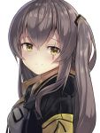  1girl absurdres brown_hair commentary girls_frontline highres jacket long_hair looking_at_viewer motokonut scar scar_across_eye simple_background smile solo twintails ump45_(girls_frontline) upper_body white_background yellow_eyes 