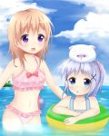  10s 2girls :d :o animal beach beachball bikini blue_eyes clouds deviantart floating gochuumon_wa_usagi_desu_ka? hairpin hoto_cocoa innertube kafuu_chino light_blue_hair looking_at_another orange_hair partially_submerged pink_bikini pixiv polka_dot purple_eyes rabbit ribbon rutorifuki95 sidelocks sky swimsuit tippy_(gochiusa) water wet 