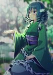  1girl blue_eyes blue_hair blurry blurry_background bokeh closed_mouth depth_of_field drill_hair eyebrows_visible_through_hair frilled_kimono frilled_sleeves frills green_kimono hand_on_lap head_fins japanese_clothes kimono long_sleeves looking_afar medium_hair mermaid monster_girl obi outdoors outstretched_hand rain rock sash sitting solo tareme touhou wakasagihime water wide_sleeves yuuka_nonoko 