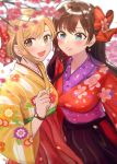  2girls :d aiba_yumi bangs black_hakama blonde_hair blue_eyes blurry blush bow breasts brown_eyes brown_hair depth_of_field earrings floral_print flower_earrings hair_bow hakama hand_up highres ichinose_shiki idolmaster idolmaster_cinderella_girls japanese_clothes jewelry kimono lips long_hair looking_at_viewer medium_breasts motion_blur multiple_girls open_mouth parted_lips petals red_bow red_hakama red_kimono sash short_hair simple_background single_sidelock smile tareme tomato_omurice_melon tree_branch upper_body watch watch white_background yellow_kimono 