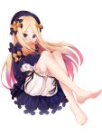  1girl abigail_williams_(fate/grand_order) bangs barefoot black_bow black_dress black_hat blonde_hair bloomers blue_eyes blush bow butterfly covered_mouth dress eyebrows_visible_through_hair fate/grand_order fate_(series) full_body hair_bow hat highres long_hair long_sleeves looking_at_viewer nahaki nose_blush object_hug orange_bow parted_bangs polka_dot polka_dot_bow simple_background sitting sleeves_past_wrists solo stuffed_animal stuffed_toy teddy_bear toenails underwear very_long_hair white_background white_bloomers 