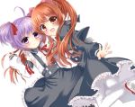 2girls :d ahoge aloe_(quiz_magic_academy) animal_ears bangs black_jacket black_skirt blush brown_eyes brown_hair cat_ears closed_mouth collared_shirt commentary_request detached_sleeves eyebrows_visible_through_hair fingernails frilled_skirt frills funakoshi hair_between_eyes high-waist_skirt highres jacket long_sleeves looking_at_viewer multiple_girls myu_(quiz_magic_academy) open_mouth outstretched_arm purple_hair quiz_magic_academy red_footwear red_neckwear red_ribbon ribbon shirt shoes sidelocks simple_background skirt sleeveless sleeveless_shirt sleeves_past_wrists smile suspender_skirt suspenders thigh-highs twintails two_side_up violet_eyes white_background white_legwear white_shirt 