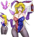  1girl alternate_costume american_flag american_flag_leotard animal_ears armpits arms_behind_head ass bare_shoulders blonde_hair bottle breasts bunny_tail bunnysuit carrying cleavage clownpiece collarbone commentary_request contrapposto crescent cropped_legs cross cup drinking_glass drinking_straw ear_piercing elbow_gloves facial_tattoo fairy_wings fake_animal_ears fake_tail from_behind gloves groin hand_on_hip ice jewelry large_breasts leotard long_hair necklace older open_mouth orange_eyes pale_skin pantyhose pentagram piercing pink_wings pointy_ears polka_dot purple_gloves rabbit_ears ryuuichi_(f_dragon) sharp_teeth shoulder_tattoo smile smirk solo standing star star-shaped_pupils symbol-shaped_pupils tail tattoo teeth tongue tongue_out touhou tray wide_hips wings 