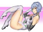  1girl adapted_costume ayanami_rei bare_shoulders blue_hair breasts cassette_player elbow_gloves full_body gloves hair_between_eyes headphones highres kumiko_shiba leotard lips looking_at_viewer medium_breasts neon_genesis_evangelion parted_lips red_eyes shiny shiny_clothes shiny_hair shiny_skin short_hair solo thigh-highs white_gloves white_legwear white_leotard 