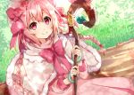  bow bracelet braid hair_bow hat holding holding_staff jewelry lily_(netojuu_no_susume) long_hair looking_at_viewer netojuu_no_susume omuretsu pink_bow pink_eyes pink_hair sitting smile staff twin_braids white_hat 