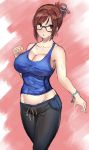  1girl :o armpits bangs bare_arms bare_shoulders black-framed_eyewear blue_shirt blush bracelet breasts cleavage collarbone cowboy_shot glasses groin hair_ornament hair_stick hand_up highres jewelry large_breasts looking_at_viewer mei_(overwatch) open_mouth overwatch pants pearl_bracelet pink_background ponytail shirt short_hair sidelocks sketch sleeveless solo standing swept_bangs tomliat track_pants v-shaped_eyebrows 