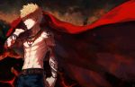  1boy abs arm_at_side arm_tattoo bakugou_katsuki belt belt_buckle blonde_hair boku_no_hero_academia buckle cape cape_removed clenched_teeth cowboy_shot denim earrings fur_trim glint hand_up jeans jewelry looking_at_viewer male_focus muscle navel necklace open_mouth pants red_cape red_eyes shaded_face sheath sheathed shirtless smoke solo spiky_hair standing tattoo teeth weapon yukibi_(ykb) 