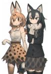  2girls :o animal_ears bare_shoulders black_hair blue_eyes blush bow bowtie breasts closed_mouth commentary_request cowboy_shot elbow_gloves fur_collar gloves grey_neckwear grey_skirt grey_wolf_(kemono_friends) hair_between_eyes harau heterochromia high-waist_skirt kemono_friends long_sleeves looking_at_viewer medium_breasts multiple_girls necktie orange_hair orange_legwear orange_neckwear orange_skirt parted_lips pleated_skirt serval_(kemono_friends) serval_ears serval_print serval_tail shirt simple_background skirt sleeveless sleeveless_shirt slit_pupils smile standing tail thigh-highs white_background white_shirt wolf_ears wolf_tail yellow_eyes zettai_ryouiki 