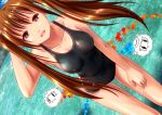  1girl :d black_swimsuit blue_sky breasts brown_hair competition_swimsuit day eiyuu_densetsu estelle_bright long_hair medium_breasts one-piece_swimsuit open_mouth outdoors red_eyes sky smile solo sora_no_kiseki standing swimsuit twintails wading water yamaoyaji 