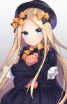  1girl abigail_williams_(fate/grand_order) akariko_(akaringo) bangs black_bow black_dress black_hat blonde_hair blue_eyes bow dress eyebrows_visible_through_hair eyes_visible_through_hair fate/grand_order fate_(series) hair_bow hat head_tilt highres long_sleeves looking_at_viewer object_hug orange_bow parted_bangs parted_lips polka_dot polka_dot_bow sleeves_past_wrists solo stuffed_animal stuffed_toy teddy_bear 