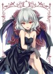  1girl bare_shoulders bat_wings black_dress blue_hair dress gloves highres looking_at_viewer moneti_(daifuku) no_hat no_headwear open_mouth pointy_ears red_eyes remilia_scarlet short_hair smile solo strapless strapless_dress touhou wings 