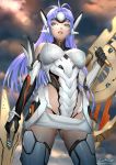  1girl ariverkao blue_eyes breasts clouds cowboy_shot elbow_gloves forehead_protector from_below gloves headgear kos-mos large_breasts leotard lips long_hair looking_to_the_side overcast parted_lips purple_hair signature sky solo standing thigh-highs turtleneck weapon xenosaga 