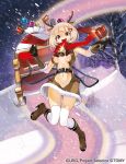  1girl animal_costume animal_ears antlers bell belt blizzard box breasts brown_eyes center_opening fur_trim gift gift_box gloves highres medium_breasts navel night official_art open_mouth outdoors over-kneehighs reindeer_antlers reindeer_costume reindeer_ears sack scarf short_hair sled snow solo thigh-highs tokiti white_hair wixoss 