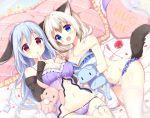  2girls :3 :d animal_ears aoi_yun arm_warmers babydoll bare_shoulders bed_sheet blue_eyes blue_hair blue_ribbon blush bow bow_panties bra breasts cat_ears cat_tail cleavage closed_mouth collarbone commentary_request ears_down fang frilled_pillow frills groin large_breasts light_brown_hair long_hair long_sleeves low_twintails lying multiple_girls navel object_hug on_back on_side open_mouth original panties pillow purple_panties rabbit_ears red_eyes ribbon short_twintails sleeves_past_wrists smile strap_slip string_panties stuffed_animal stuffed_bunny stuffed_cat stuffed_toy tail thigh-highs thigh_ribbon twintails underwear underwear_only very_long_hair white_bra white_legwear white_panties 