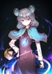  &gt;:( 1girl animal_ears basket black_dress breasts capelet cheese closed_mouth covered_navel cowboy_shot dress food grey_hair hair_between_eyes hand_on_hip impossible_clothes impossible_dress jewelry long_sleeves looking_at_viewer mouse_ears mouse_tail nazrin pendant red_eyes small_breasts solo tail touhou tttanggvl v-shaped_eyebrows 