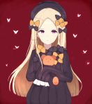  1girl abigail_williams_(fate/grand_order) bangs black_bow black_dress black_hat blonde_hair bow butterfly closed_mouth commentary_request dress fate/grand_order fate_(series) forehead hair_bow hat long_hair long_sleeves looking_at_viewer nkachi object_hug orange_bow parted_bangs polka_dot polka_dot_bow red_background sleeves_past_wrists solo stuffed_animal stuffed_toy teddy_bear very_long_hair violet_eyes 