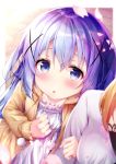  2girls :o bangs blue_eyes blush breasts chestnut_mouth collarbone commentary flat_chest from_above gochuumon_wa_usagi_desu_ka? hair_ornament hairclip hand_on_own_chest highres hood hooded_jacket hoto_cocoa jacket kafuu_chino light_blue_hair locked_arms long_hair looking_at_viewer medium_breasts multiple_girls open_mouth orange_hair petals pom_pom_(clothes) rouka_(akatyann) shirt sidelocks white_shirt x_hair_ornament yellow_jacket 