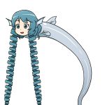  1girl :d absurdly_long_hair animal_ears blue_eyes blue_hair drill_hair eyebrows_visible_through_hair fish head_fins long_hair open_mouth simple_background smile solo ssack touhou twin_drills very_long_hair wakasagihime wakasagihime_(fish) what white_background 