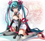  1girl absurdres aqua_eyes aqua_hair bare_shoulders blush breasts cable chest_tattoo cleavage cleavage_cutout detached_pants detached_sleeves hatsune_miku highres long_hair open_mouth project_diva_(series) sitting tattoo thigh_strap thighs tsukishiro_saika twintails vocaloid yokozuwari 