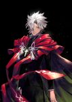  1boy black_background black_jacket black_pants brown_eyes cape closed_mouth cowboy_shot cross cross_necklace fate/apocrypha fate_(series) hair_over_one_eye jacket jewelry kotomine_shirou long_sleeves necklace one_eye_covered pants red_cape silver_hair simple_background solo spiky_hair standing yosi135 