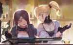  2girls alcohol black_gloves blonde_hair blue_eyes braid breasts brown_hair cleavage cup drinking_glass fingerless_gloves gloves goggles goggles_around_neck gun highres long_hair mercy_(overwatch) multiple_girls overwatch pharah_(overwatch) plant ponytail potted_plant smile t_lege_d tattoo weapon whiskey 