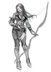  1girl armor armored_boots boots bow_(weapon) chongning closed_eyes drawing_bow fate/grand_order fate_(series) full_body genderswap genderswap_(mtf) greyscale lipstick long_hair makeup monochrome solo tristan_(fate/grand_order) weapon 