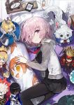  1girl alchemaniac arjuna_(fate/grand_order) artoria_pendragon_(all) bed black_dress black_legwear cardigan character_doll dakimakura_(object) demon_archer dress fate/grand_order fate_(series) fou_(fate/grand_order) from_above hair_between_eyes highres indoors karna_(fate) looking_at_viewer lying mash_kyrielight mordred_(fate) mordred_(fate)_(all) necktie on_side open_cardigan open_clothes pantyhose pillow pink_hair pleated_dress red_neckwear saber short_dress short_hair smile solo sweater violet_eyes 