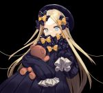  1girl abigail_williams_(fate/grand_order) bangs black_background black_bow black_dress black_hat blonde_hair blue_eyes bow commentary_request covered_mouth dress eyebrows_visible_through_hair fate/grand_order fate_(series) forehead hair_bow hat highres long_hair long_sleeves looking_at_viewer object_hug orange_bow parted_bangs polka_dot polka_dot_bow simple_background sleeves_past_wrists solo stuffed_animal stuffed_toy tadaomi_(amomom) teddy_bear very_long_hair 