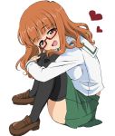  1girl bangs blunt_bangs brown_footwear girls_und_panzer glasses green_skirt highres long_hair misa_(mikarin) ooarai_school_uniform orange_eyes orange_hair pleated_skirt red-framed_eyewear school_uniform serafuku shoes simple_background skirt solo takebe_saori under-rim_eyewear 