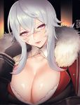  1girl ariesuzu_(ariessz) arm_support artist_name azur_lane black_gloves blush breasts cleavage closed_mouth dated flat_chest fur_collar fur_trim gloves graf_zeppelin_(azur_lane) hair_between_eyes hand_on_own_cheek hand_up head_tilt huge_breasts lips long_sleeves looking_at_viewer pink_eyes shiny shiny_hair shiny_skin short_hair_with_long_locks sidelocks smile solo upper_body 