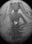  1girl arms_behind_back back dress from_behind grey greyscale hatsune_miku heart long_hair monochrome saberiii solo song_name twintails unknown_mother_goose_(vocaloid) very_long_hair vocaloid 