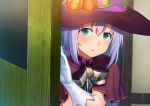  1girl aqua_eyes bangs blue_hair blush bow bowtie capelet checkered commentary_request dacchi elbow_gloves eyebrows_visible_through_hair gloves gochuumon_wa_usagi_desu_ka? hair_between_eyes halloween hat head_tilt highres kafuu_chino long_hair looking_at_viewer open_door parted_lips plant pumpkin purple_capelet purple_hat solo vines white_gloves witch_hat 