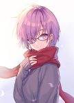  1girl alternate_costume black_sweater blush casual closed_mouth eyebrows_visible_through_hair fate/grand_order fate_(series) from_side glasses gradient gradient_background grey_background hair_over_one_eye hand_on_own_chest kura_(kuraaaaaa) long_sleeves looking_to_the_side mash_kyrielight pink_hair purple-framed_eyewear red_scarf scarf short_hair sleeves_past_wrists smile solo sweater tareme upper_body violet_eyes 