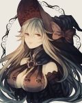  1girl bangs bare_shoulders bow breasts cleavage detached_sleeves granblue_fantasy hair_between_eyes hat hat_bow highres large_breasts long_hair looking_at_viewer magisa_(granblue_fantasy) parted_lips red_eyes silver_hair smile solo upper_body wiriam07 witch_hat 