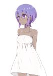  1girl alternate_costume arms_behind_back assassin_(fate/prototype_fragments) bare_shoulders dark_skin dress fate/grand_order fate_(series) halterneck i.u.y looking_to_the_side purple_hair see-through_silhouette short_hair simple_background solo sundress violet_eyes white_background white_dress 