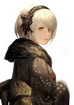  1girl alternate_costume bangs black_hairband black_rose breasts eyelashes floral_print flower from_side fur green_eyes hair_flower hair_ornament hairband japanese_clothes kimono long_sleeves looking_at_viewer nier_(series) nier_automata no_blindfold nose obi parted_lips pink_lips rose sash short_hair silver_hair simple_background solo stellarien swept_bangs teeth upper_body white_background wide_sleeves yorha_no._2_type_b 
