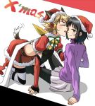  2girls animal_ears black_hair blonde_hair blush character_request christmas closed_eyes detached_sleeves dog_ears dog_tail grey_skirt hand_on_another&#039;s_shoulder midriff multiple_girls pantyhose purple_sweater santa_costume senki_zesshou_symphogear short_hair skirt smile stc striped striped_legwear tachibana_hibiki_(symphogear) tail tail_wagging thigh-highs tongue tongue_out white_background yuri 