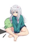  1girl :o bangs bare_legs barefoot between_legs blush bow eromanga_sensei eyebrows_visible_through_hair hair_bow hand_between_legs highres izumi_sagiri jacket long_hair looking_at_viewer low-tied_long_hair open_mouth purple_bow shooene sidelocks silver_hair simple_background soles solo stuffed_animal stuffed_octopus stuffed_toy stylus tablet white_background 