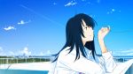  1girl bangs black_eyes black_hair blue_sky city closed_mouth clouds collared_shirt commentary_request day hand_up highres long_hair long_sleeves loundraw original outdoors pinky_out railing red_string rooftop shirt signature sky smile solo string white_shirt wing_collar 