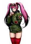  1girl alternate_costume aqua_eyes beads black_panties coat daichan_mona goggles goggles_on_head green_coat green_jacket hair_beads hair_ornament jacket long_hair metal_slug metal_slug_attack no_pants nova_(metal_slug) official_art panties pink_hair red_legwear snowflakes solo thigh-highs thighs twintails underwear 