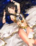  1girl ;o armpits arms_up bed_sheet black_hair black_ribbon blush breasts cleavage collar earrings fate/grand_order fate_(series) from_above gluteal_fold hair_ribbon highres ishtar_(fate/grand_order) jewelry light_particles looking_at_viewer lying medium_breasts messy_hair navel on_back on_bed one_eye_closed open_mouth red_eyes ribbon solo sparkle strapless thigh_gap thighs tohsaka_rin waist_cape yunyuniraaka 